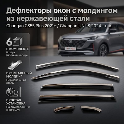 Дефлекторы, ветровики окон с нержавеющим молдингом changan UNI-S 2024+ (6 частей)