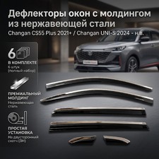 Дефлекторы, ветровики окон с нержавеющим молдингом changan UNI-S 2024+ (6 частей)