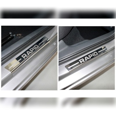 Накладки на пороги (лист зеркальный надпись Rapid) Skoda Rapid 2020-нв