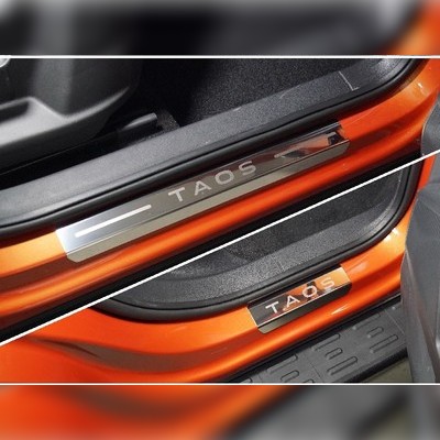 Накладки на пороги (лист зеркальный надпись Taos) 4шт Volkswagen Taos 2021-нв