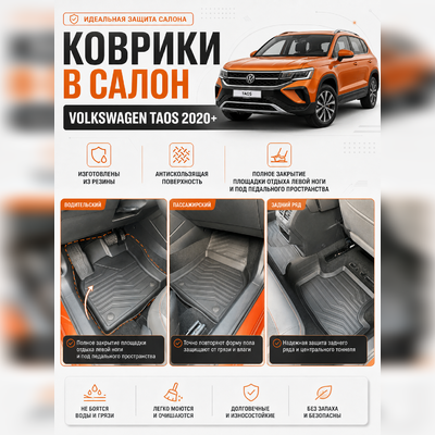 Ковры салона Volkswagen Taos 2021-нв "3D LUX" (комплект), аналог ковров WeatherTech(США)