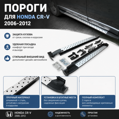 Комплект порогов Honda CR-V 2006-2012 (копия оригинала - OEM STYLE) Серебристые. BMW- стиль