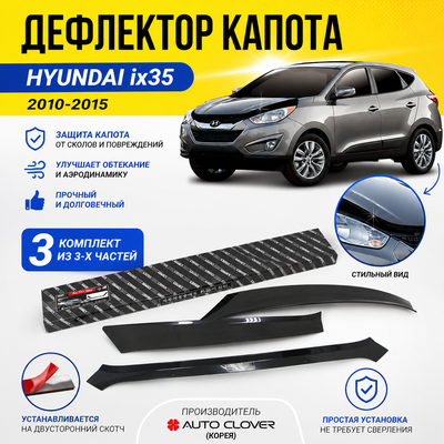 Дефлектор капота Hyundai ix35 2010-2015, комплект из 3-х частей (черный)